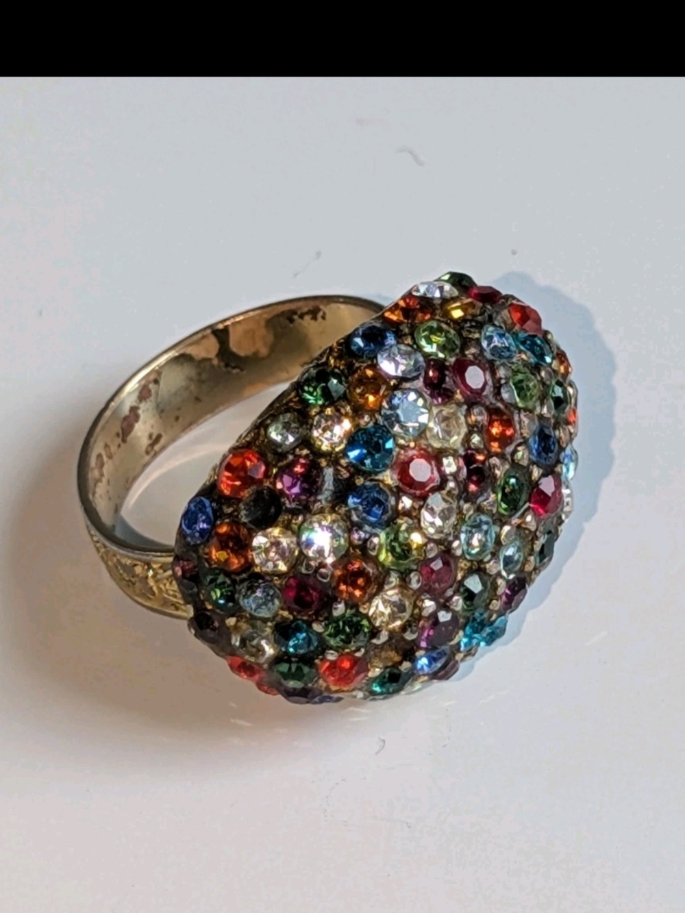 VTG Colorful Rhinestone Cocktail Ring Dome Pave Statement Adjustable Gold Tone